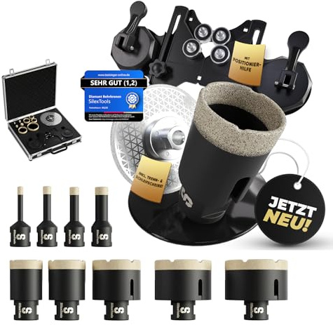 SilexTools Profi Diamant Fliesenbohrer Set - 11teilig [6|8|10|14|25|30|40|50|68mm] mit Bohrkronen, Schleifscheibe und Positionierhilfe, Diamantbohrer für Fliesen Granit Naturstein Feinsteinzeug