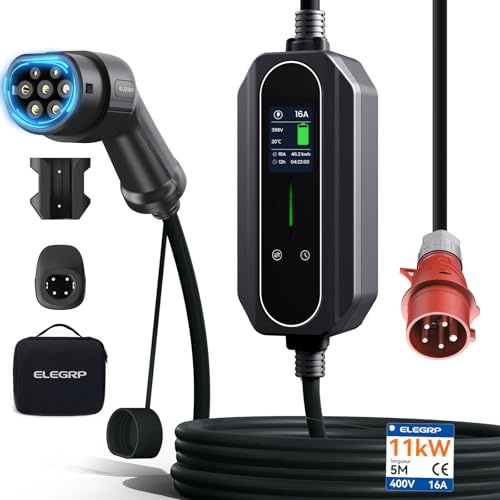 ELEGRP 11kW Mobile Wallbox mit Typ 2 Ladekabel, 3-Phasen EV Ladegerät, 6-16A Einstellbar, 5m Kabel, IP67 Wasserdicht, Mobile Ladestation IEC 62196-2 für Zuhause & Unterwegs, Plug and Play