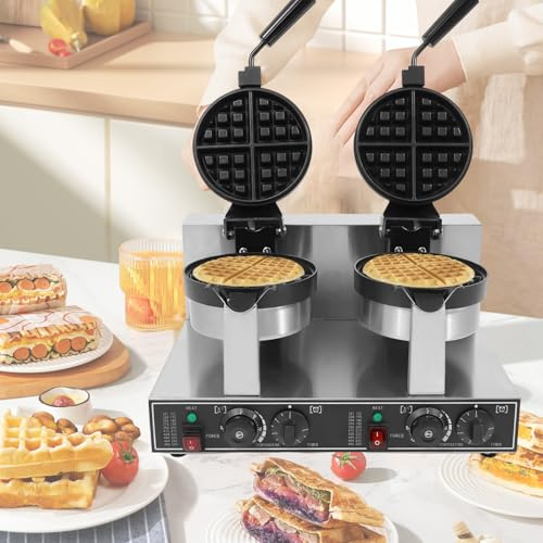Sunseota Piastra per Waffle Belga Professionale a Doppia Testa, Piastra per Waffle Belga Professionale da 110 V/220 V, 2400 W Piastra per Waffle Rotonda Antiaderente per panetterie, ristoranti