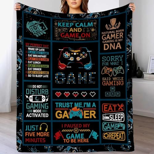 ALUNME Gamer Patchwork Throw Blanket, Summer Blanket Lightweight Soft Plush Couch Blanket for Living Room, Breathable Cozy Blanket for Teen Boys Gamers and Summer Lounging, 60x50
