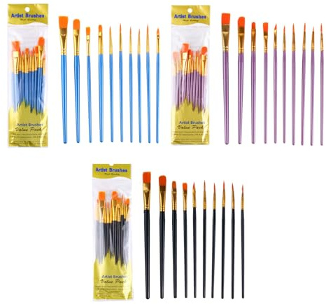 30 PCS Art Paint Brushes for Acrylic, Oil, Watercolor, Variety Shapes & Sizes for Detail Painting Kids Face Paint Brushes Watercolor Draw Brushes for Schools (3 Packs 10 Types)