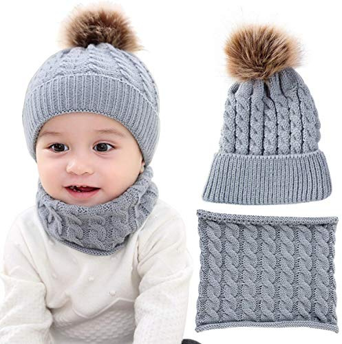 CheChury Conjunto de Bufanda y Gorro de Punto Unisex Niños Niñas Invierno cálido Punto Beanie Gorros con Pompon Bufanda de Punto Cuello Redondo Bebé,Gris,Talla única