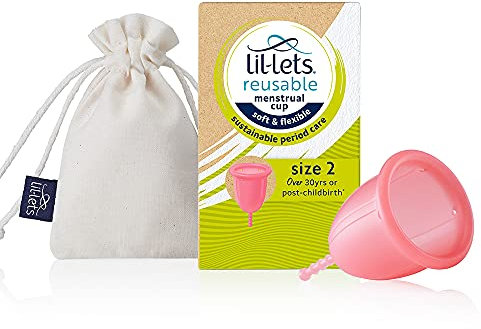 Lil-Lets Reusable Menstrual Cup, Size 2, for Those Over 30 yr or Post Birth, Soft and Flexible Period Cup, Ideal for Beginners, Made from Medical Grade Silicone, Certified Organic Cotton Bag Included