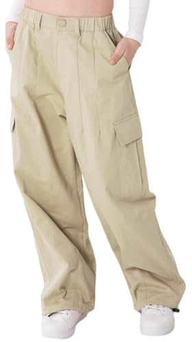 Rolanko Pantaloni Cargo da Ragazza, Pantaloni Larghi in Cotone con Vita Elasticizzata e Tasche Multiple per Bambini di 6-15 Anni, Beige, Taglia: 140