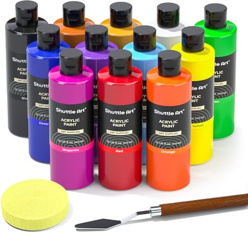 Shuttle Art Acrylic Paint Set, 12 Colours Acrylic Paint Bottle Set (473ml/16oz), Rich Pigmented Paints, Bulk Painting Supplies for Artists, Beginners Kids on Rocks Crafts Canvas Wood Ceramic