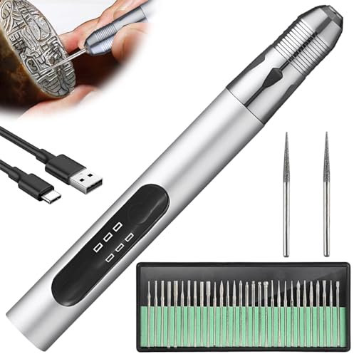 Elektrische Gravierstift: Wiederaufladierbar Gravur Werkzeug Kit, Mini Gravurwerkzeug mit Gravurzubehör, Graveur Gravurstift DIY-Drehgravierer Ätzstift für Schmuck Glas Holz Metall Stein