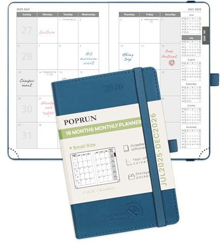 POPRUN Month to View Diary 2025-2026 A6 (16x10.5cm) Pocket (18-Month: Jul'25 - Dec'26) Monthly Planner Softcover Small 25/26 Diary, Sunday Start (Night Sky Blue)