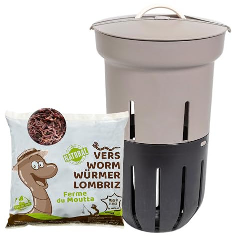 Moutta | Grey In-Ground Worm Composter 12L | 500g of Composting Worms | To be buried in your planter | Compost your organic waste | Perfect for feeding your plants