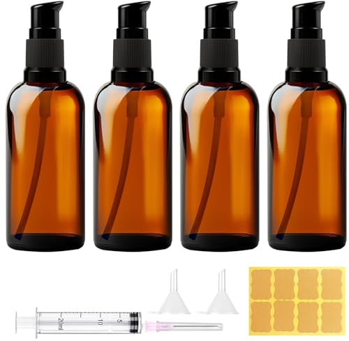 MirraSwit 4 st 100 ml tom brun glaspumpflaska, påfyllningsbara tomma glaspumpflaskor, med pump och UV-skydd, med klistermärken, tratt för kosmetiska krämer