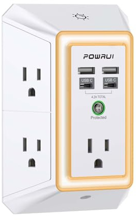 3-Sided Outlet Extender with Night Light - POWRUI Multi Plug Outlet with 5 Outlets and 4 USB Ports(2 USB-C), USB Wall Charger for Home, Office, Travel, ETL Listed, White