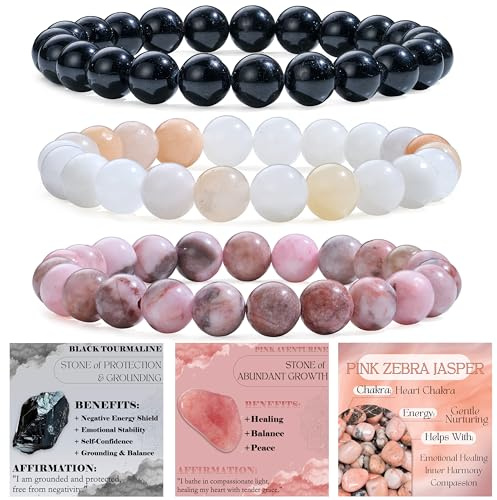 Bivei 3 Piezas 4mm pulseras piedras naturales - Turmalina Negra, Aventurina Rosa, Piedra Cebra Rosa - Pulsera Piedras Naturales Mujer Hecha a Mano para Yoga, Meditación y Regalos de Protección