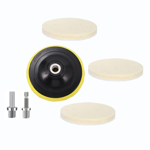 HOTCKB 3 Pièces Tampons Polissage en Feutre 125mm * 9mm Disques de Polissage Laine avec Plateaux Ponçage et Filetage M14 Adaptateur pour Polir le Verre, Plastique, Métal, Marbre