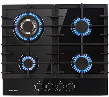 Klarstein Gas Cooker, 4 Burners Hob, 8100W Built In Four Ring Electric Hob, Campervan Cooktops Gas Cookers, Stainless Steel Glass Top Wok Burner, Kitchen Stoves LPG Burners Units