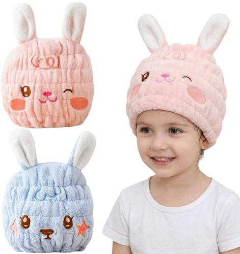 Mtbricey 2 Pieces Hair Towel Wrap for Kids Super Absorbent Microfibre Hair Towel Wrap Cute Hair Drying Cap Soft Kids Hair Drying Turban Wrap Quick Dry Head Towel Cap for Bath Spa Makeup (Rabbit Ear B)