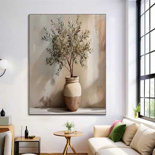 Quadro Moderno Bonsai Di Ulivo Vintage Quadri Dipinto Ad Olio Rustico Soggiorno Da Parete Grande Stampa Su Tela Decorazione Murale Muro Arredo Camera Letto Beige Marrone, 80X120Cm, Senza Cornice