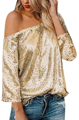 Haut à Paillettes pour Femme Manches Courtes Sexy Épaules Dénudées T-Shirt Ample avec Paillettes Brillant Top Respirant Confortable Chemise de Carnaval Couleur Unie pour Quotidien Soirée