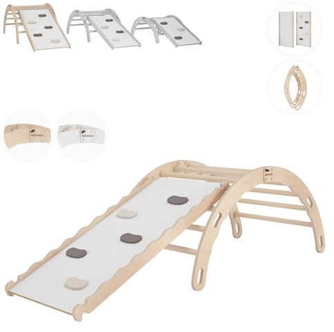 MAMOI® Triangle avec Toboggan Interieur, Mur Escalade pour Enfant, Aire de Jeux pour Bebe, Espalier en Bois, Rocker Arche à partir de 1/2/3 an, Bascule Montessori