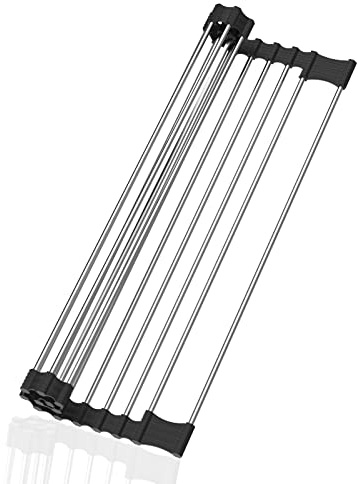 Rainsworth Escurreplatos, Escurridor Fregadero, Escurridor de Platos Plegable, Resistente al Calor，Escurreplatos Acero Inoxidable para Secar Frutas, Verduras y Platos，43.5x28.5 cm，Negro (Nuevo)