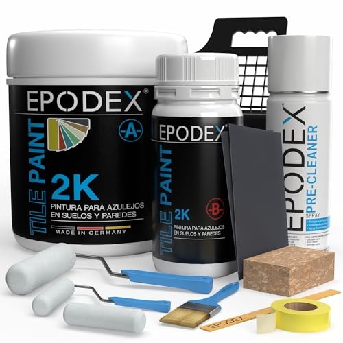 EPODEX PINTURA PARA AZULEJOS 2K – Con accesorios para cocina, baño y más – Apta para suelos y paredes – Blanco, gris, beige y más – 1,8kg (7m² con 2 capas)