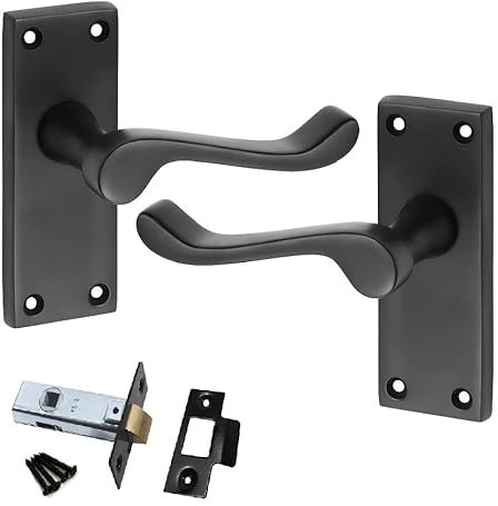 Golden Grace Premium Victorian Scroll Latch Door Handles with Latch Pack Set in Matt Black Finish, 1 Pack - 120mm x 40mm Backplate