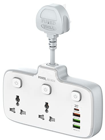 2 Way Extension Lead Universal Power Socket Plug 10A 2500W Multiple Wall Adaptor 6-in-1 with Individual Switches Neon Indicator 4 USB PD Fast Charger Total 20W Max Cable Free