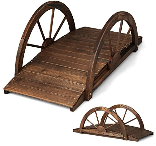 RELAX4LIFE Pont de Jardin Extérieur en Bois avec Garde-Corps à Demi-Roue Charge 150KG, Pont d'Étang Résistante aux Intempéries, Décoration de Jardin pour Cour Arrière Ferme Jardin,Brun