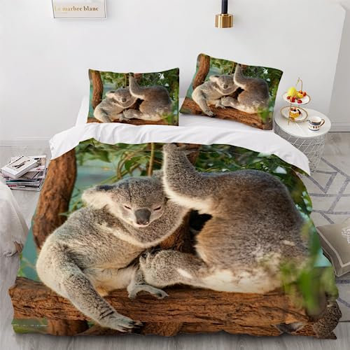 SK-YBB Koala Bettwäsche 135x200 Kinder-Bettwäsche für Mädchen und Jungen Reißverschluss Bettwäsche-Set Tier Mikrofaser Bettbezug 2 Kissenbezug 80x80cm