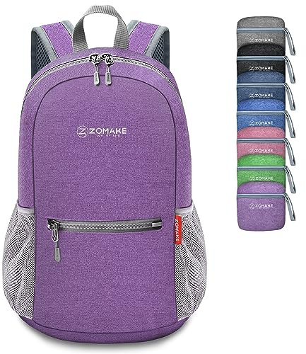 ZOMAKE Lightweight Foldable Backpack, Packable Rucksack Folding Small Back Pack 10L Foldaway Ultralight Daypack Collapsible for Women Men Travel Hiking Walking (Purple)