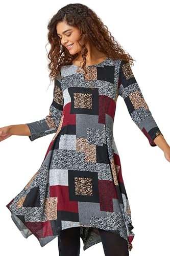 Roman Originals Hanky Hem Swing Dress with Pockets for Women UK Ladies Asymmetric Hemline Stretch Jersey 3/4 Sleeve Winter Smart Casual Work Office Knee Length Tunics - Red Grey - Size 12