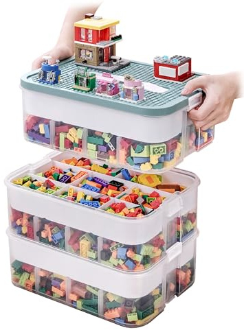 OSTWOLKE Aufbewahrungsboxen mit Deckel für Lego, 3 Ebenen Transparente Sortierbox, Plastik Stapelbar Box mit Griff& Abnehmbarem Tablett& Verstellbaren Fächer für Kleinteile, Handwerk, Accessoire