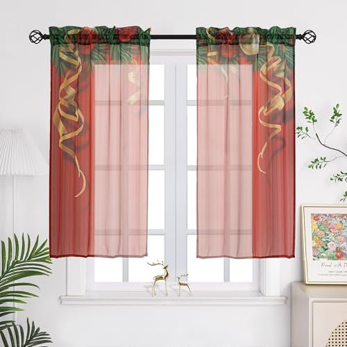 Joyswahl Weihnachtsgardine Voile Scheibengardine mit Weihnachten Muster Kurzstores Transparent Küchengardinen Set Bistrogardinen rot mit Weihnachtsmotiven BxH 68x91cm 2 Stücke