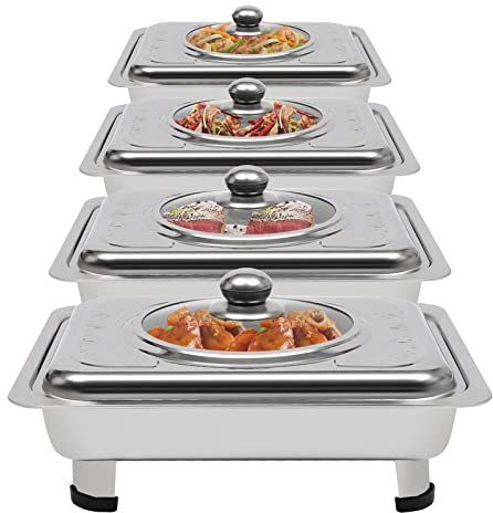 4 PCS Chafing Dish Buffets Set, Stainless Steel Buffet Trays with Lids, Stacked Food Warmer Buffet Server with Removable Feet, for Parties Buffets Banquets Dinners, Silver, 33.5 x 27.5 x 9 cm