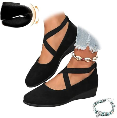 Women's Crisscross Strap Wedge Shoes,Womens Round Toe Ballet Wedge Dress Shoe Elegant Suede Comfy Slip-On Shoes (Black,3)