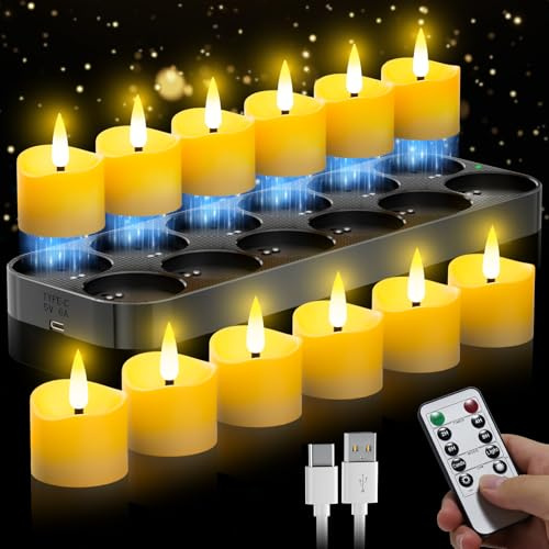 Bougies LED rechargeables 12 pièces, bougies chauffe-plat LED avec socle de recharge magnétique, télécommande et minuterie, bougies sans flamme adaptées à Halloween, Noël et à la décoration intérieure