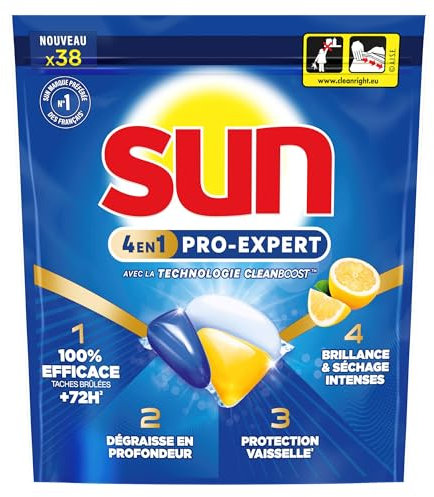 Sun - Pro Expert - Pastilles Lave Vaisselle - Action 4 en 1 - Citron - Elimine 100% des taches brûlées de +72h - dégraissent en Profondeur - 38 Capsules