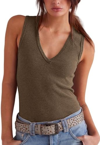 Sukiglam Canotta Donna Elegante Senza Maniche Tank Top Sexy con Scollo a V Canottiera Estivi Slim Fit Magliette a Coste Casual Blusa Basic Tinta Unita Shirt
