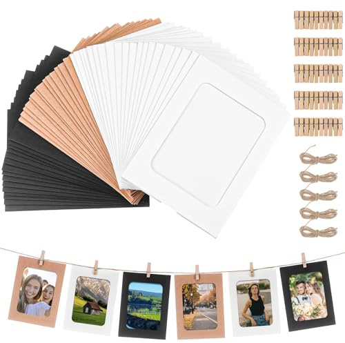 MICHIHOMIE 50 cornici portafoto in carta con 50 clip e 5 corde di canapa, cornici fai da te in cartone kraft da 15 x 10 cm, tappetini per foto di carta, cornici per album da appendere per casa, scuola
