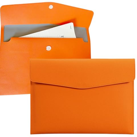 YSDINK PU Leather A4 Document File Folder, Portable and Waterproof File Organizer with Magnetic Snap Closure, Envelope Storage Bag for Office, Home, School, Travel and Business Use (Orange)