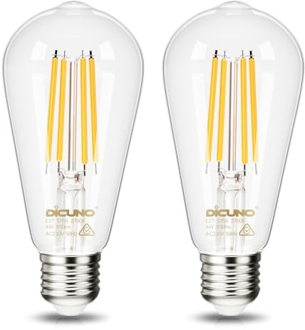 DiCUNO Bombilla LED E27 ST58 4W, Clase energética A, 60W Equivalente, 850lm, Luz cálido 2700K, Filamento Edison vintage de bajo consumo, Vidrio, 2 Piezas