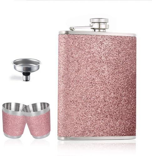 Galenecx Flachmann Edelstahl, Tragbare Auslaufsicher Edelstahl Flachmann mit Glitzer für Frauen, Rosa Stilvoll Flachmänner mit Trichter, 2 Stück Schnapsglas, Hip Flask mit Schraubverschluss, 8oz
