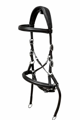 Leather Bitless Bridle Cross Over Side Pull, Black, Padded Headpiece, Stainless Steel Buckles, with Rubber Grip Reins (Black, Cob)