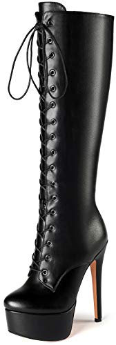 Soireelady Donne Moda Stivali Ginocchio Stiletto Heels, 15CM Stivali con Tacco Alto Plateau, Sexy Stivali Invernali, Stivali Stringati con Punta Tonda M-Nero EU39