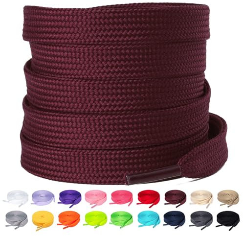 Olukssck 2 Paar Flache Schnürsenkel, 10 mm breite Reißfeste Schuhbänder für Sneakers, Sportschuhe, Turnschuhe, Freizeitschuhe, Dunkelrot, 160cm