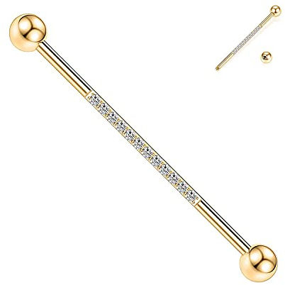 hengkaixuan Piercing industrial de acero quirúrgico 14G, barra industrial de 38 mm, barra de andamios de largo, barra industrial con circonita cúbica, para mujeres y hombres, Metal