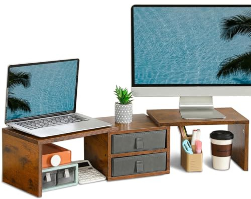 TEAMIX Dual Monitor Stand Riser with 2 Drawers - Length and Angle Adjustable 3 Shelf Monitor Riser with Storage Desk Organizer Large Monitor Stand for 2 Monitors/Laptop/PC,Screen/TV Stand Riser