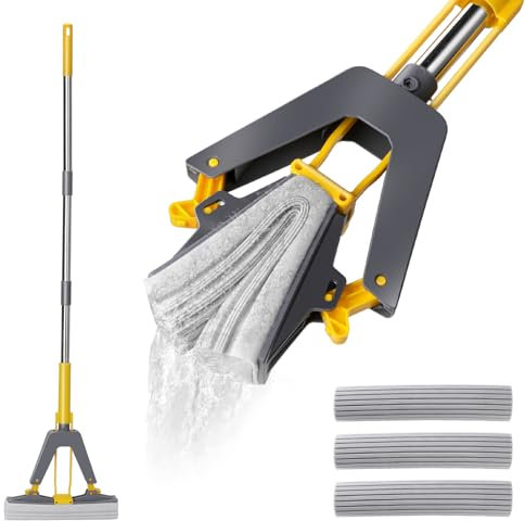 Masthome Schwamm Wischmopp Set, 130 cm Bodenwischer mit 3 Super Saugfähige Schwamm Köpfen, Schwamm Wischer für Fliesen,Laminat,Hartholz böden Reinigung