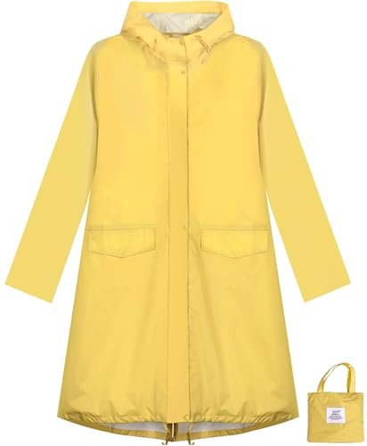 ANYOO Giacca da Pioggia Impermeabile da Donna con Cappuccio, Trench Leggero con Giacca a Vento Lunga, Giallo, Taglia unica
