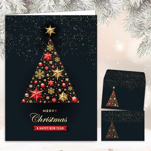 Edition Colibri 10 tarjetas navideñas: Juego de tarjetas navideñas festivas con sobre, elegantes tarjetas plegables con motivo de árbol de Navidad, árbol de Navidad, feliz año nuevo (11133)