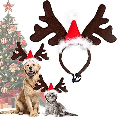 Bandeau de Noël pour Animal de Compagnie, Chien Chat Bois de Renne, Costume de Noël, Réglable Couvre-Chef de Wapiti avec Bonnet de Noel, Cadeau Accessoire de Déguisement pour Chiens Chats