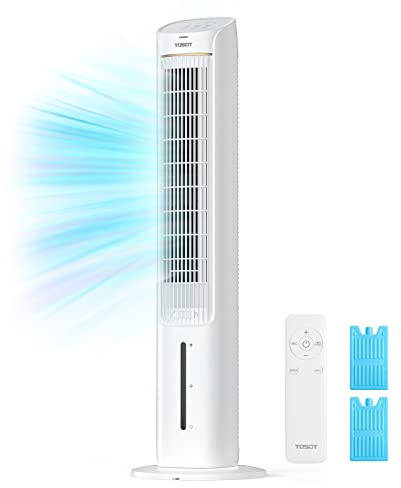 TOSOT Evaporative Air Cooler, 43 Tower Fan Oscillating 80°, 3 Speed Quiet Cooling Fan with 2 Ice Packs, Remote Control, Removable 4L Water Tank, Mist Floor Fan for Home Bedroom